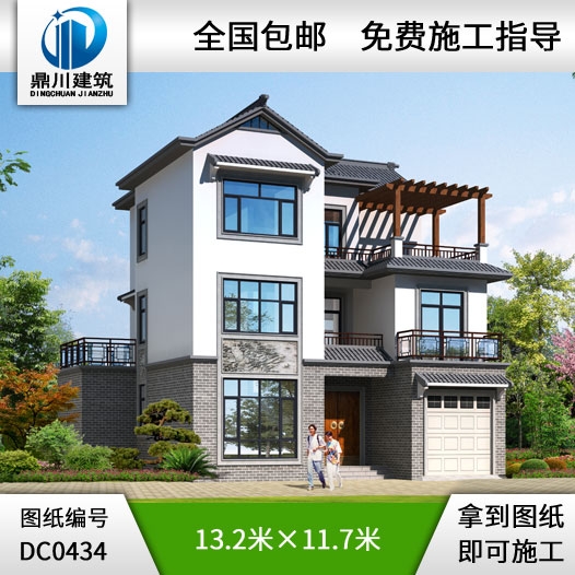 中式風(fēng)格三層帶車庫別墅設(shè)計圖紙及效果圖_農(nóng)村三層房屋設(shè)計圖紙,鼎川建筑