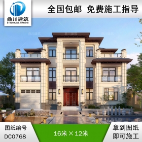 大氣的新中式三層帶車庫別墅圖紙及效果圖_農村別墅設計,鼎川建筑
